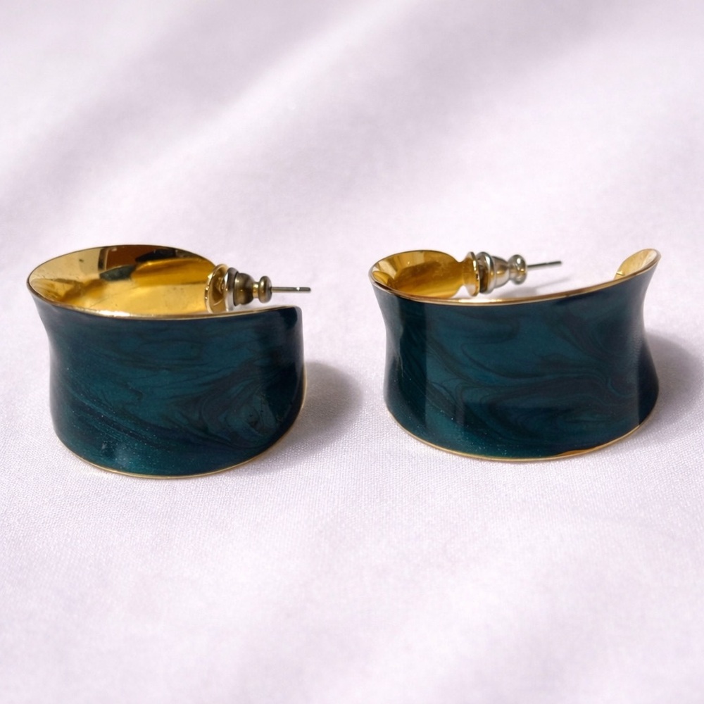 Teal Crescent Hoop Earrings | Gold Tone Statement Hoops |  Costume Jewelry